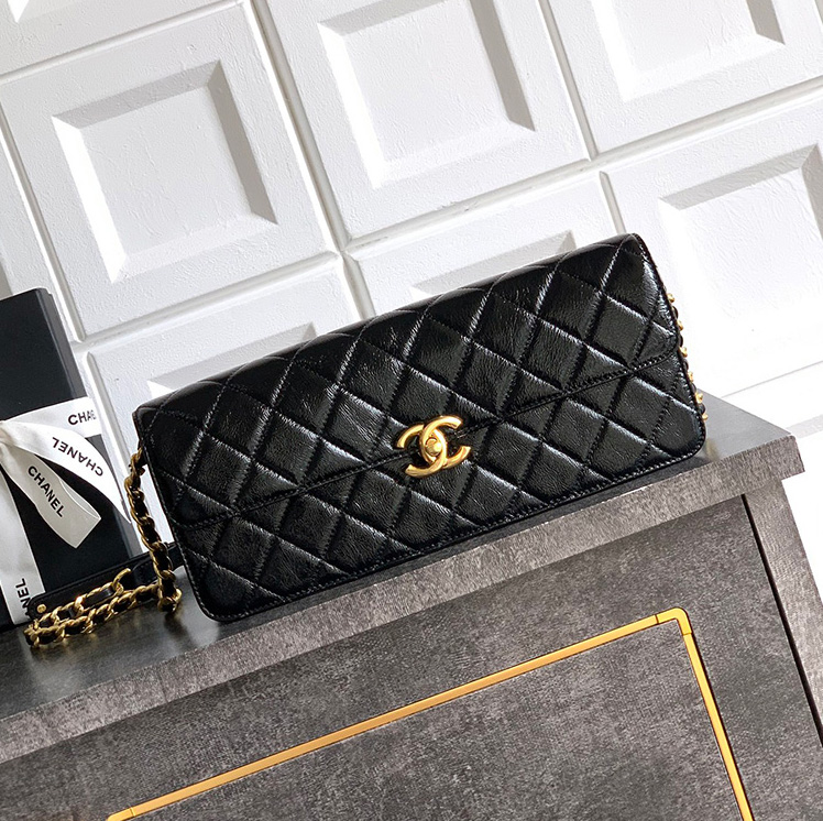 샤넬 라지 플랩 백 페이턴트 램스킨, 골드 메탈 블랙 AS5642