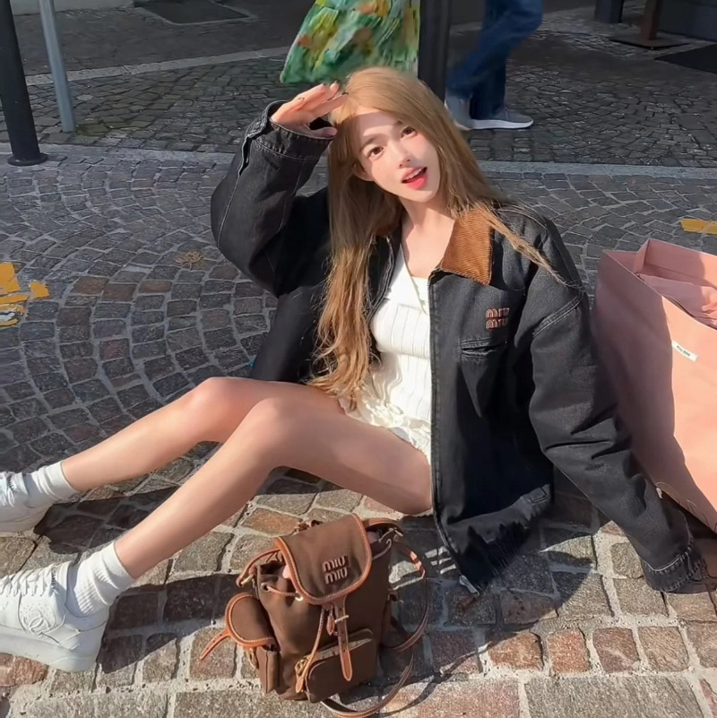 미우미우 벨벳 칼라 데님 재킷 GWB221  Y