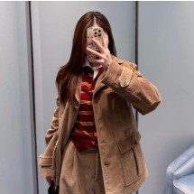 미우미우 코듀로이와 가죽 소재의 스트레이트 재킷 MH2037   Y